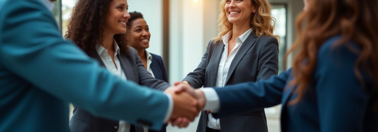 Equipe Connecta Soluções Empresariais celebrando o sucesso do cliente com um aperto de mãos em um ambiente corporativo moderno.