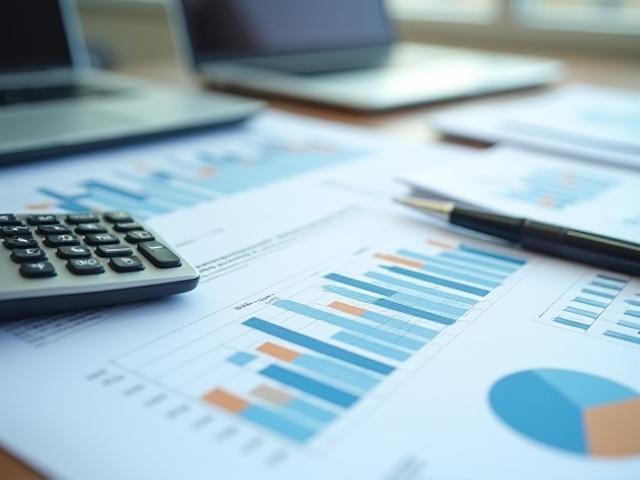 Representação de análise financeira com dados em tabelas e gráficos, com foco em lucratividade.