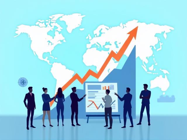 Gráficos de crescimento e equipe de negócios colaborando, simbolizando estratégia de mercado.