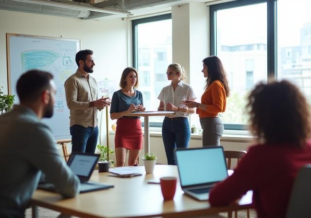 Membros da equipe Connecta Soluções Empresariais colaborando em um ambiente de escritório moderno